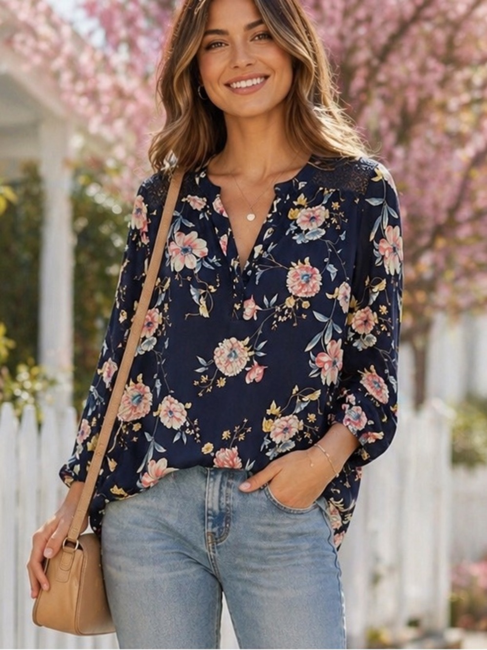 DR2 Dark Blue Floral Blouse with Pink and Yellow Accents